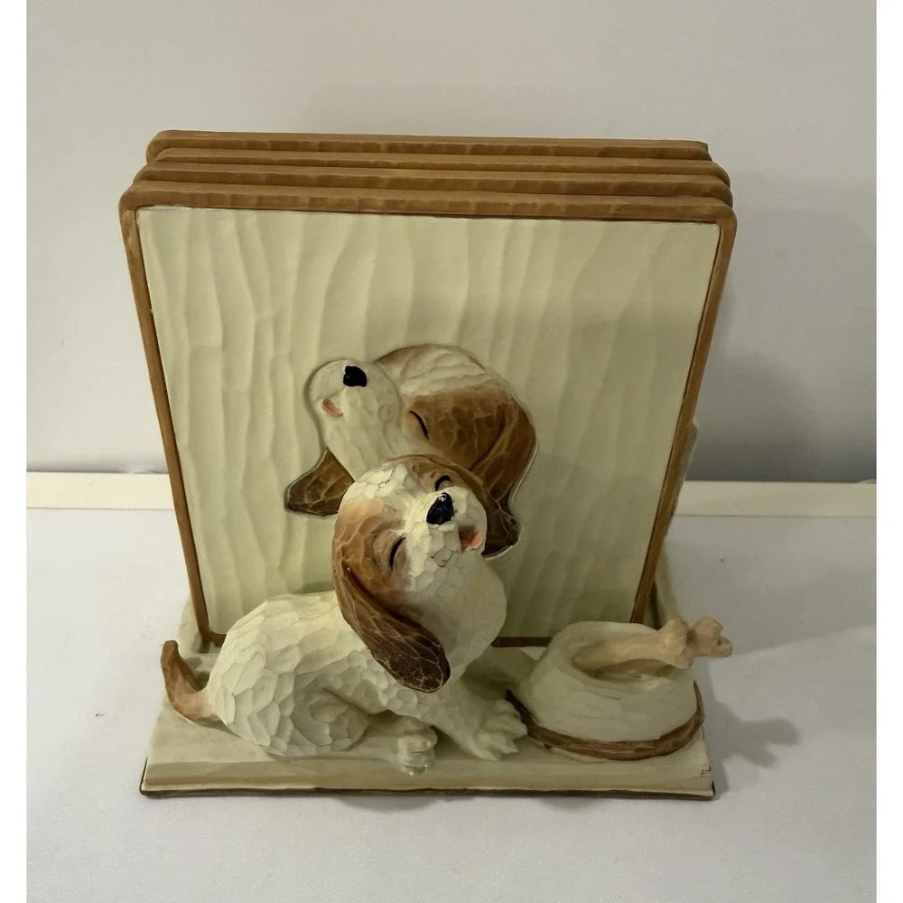 Vintage 4 Coaster Set with 3D Dog Puppy Holder Handpainted Carparatian
